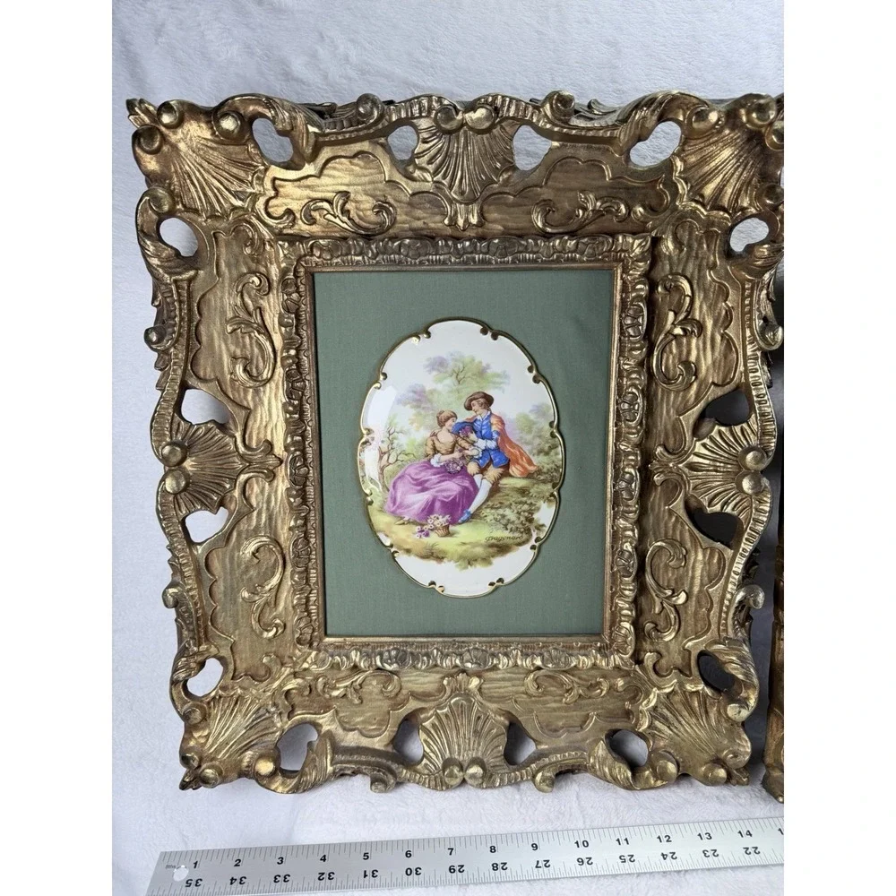 VTG Fragonard Courting Couple Porcelain Plaques Carved Wood Ornate Gold Frame Lg